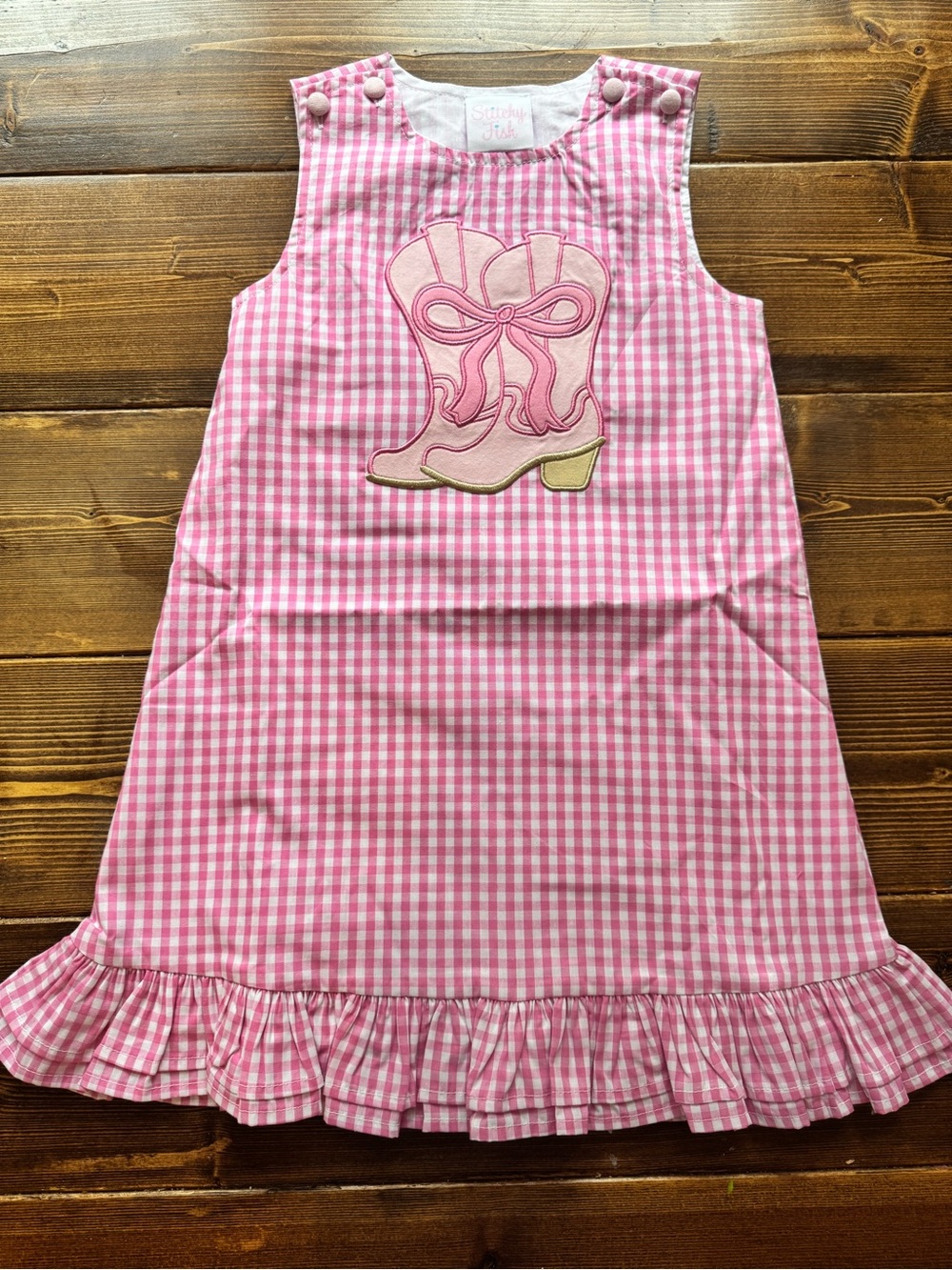 Stitchy Fish 4T Pink Gingham Girls' dress with Boot Appliqué